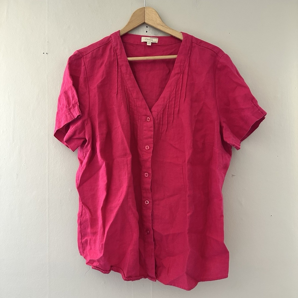 VTG Womens Linen Button Up Top Size 1x Pink Preppy Feminine Barbie Coastal